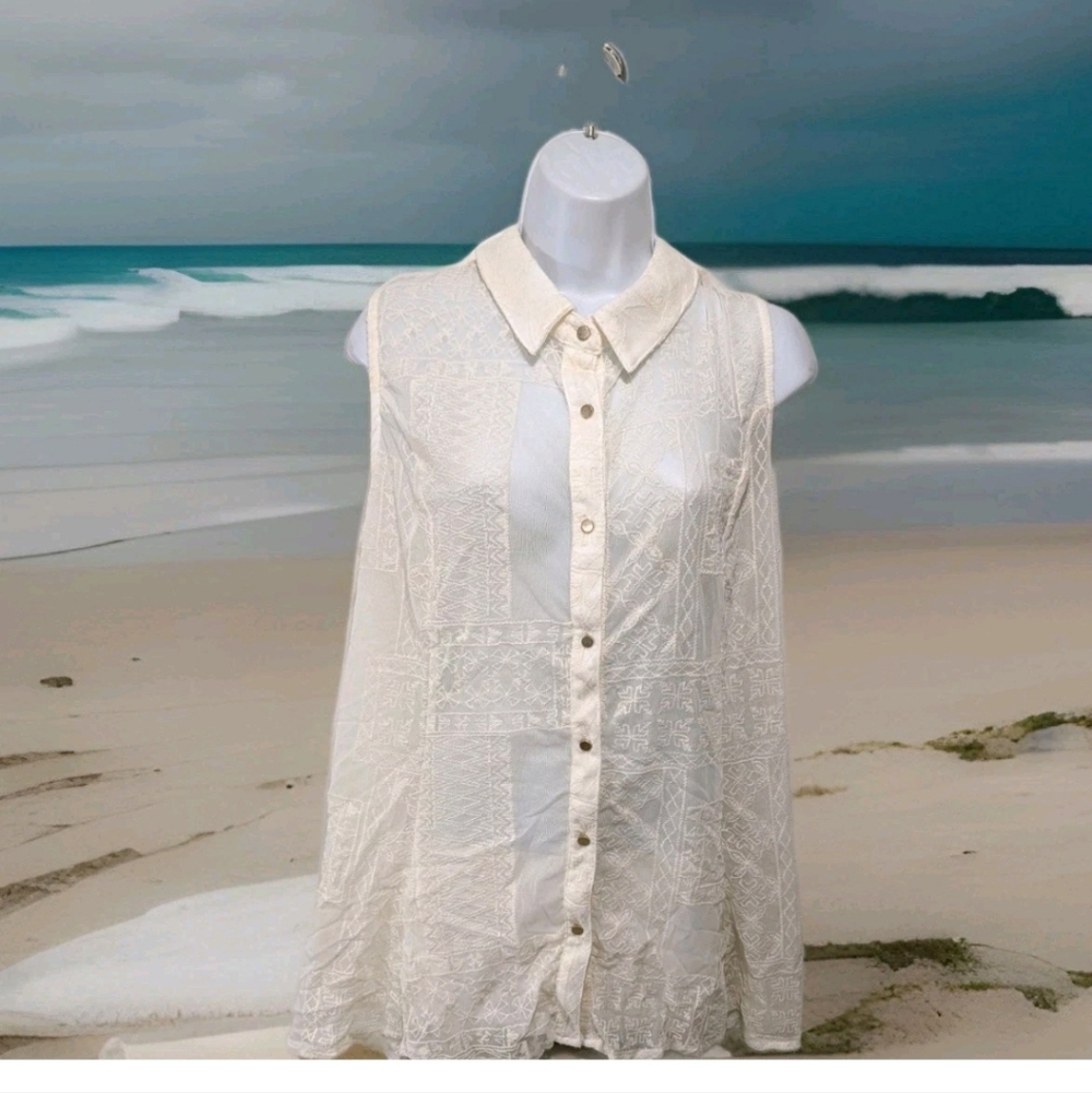 NWT Roz & Ali Semi Sheer Lace Shirt 2X Button Up Sleeveless Whimsical Beachy